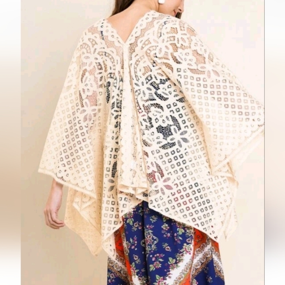 Umgee 3/4 Sleeve Sheer‎ Crochet Lace Floral Boho Kimono Wrap Cardigan M/L